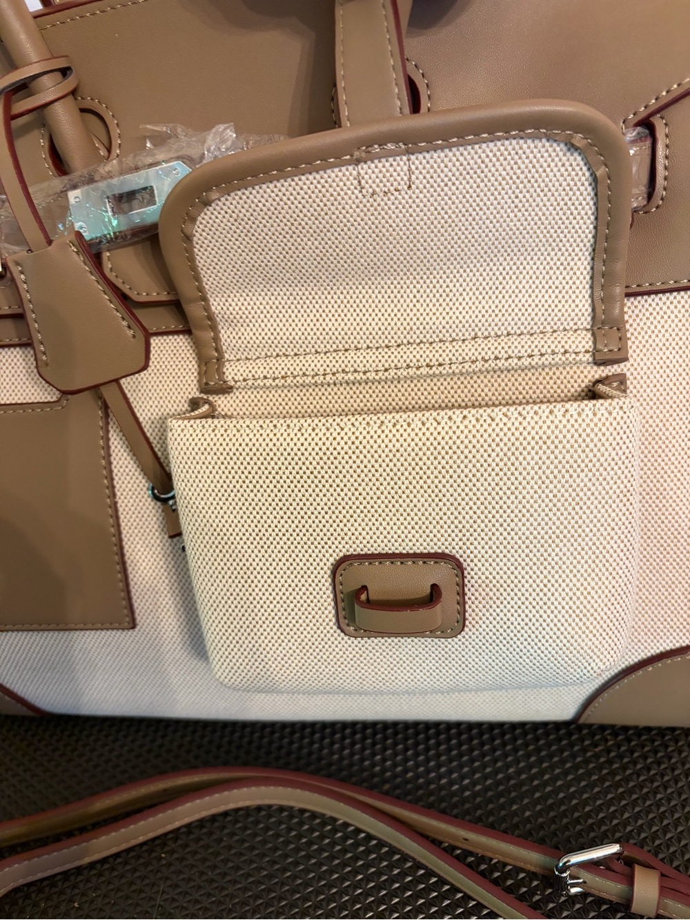 30cm Taupe and Cream Structured Canvas Tote Bag with Top Handles - Picture 2 of 13